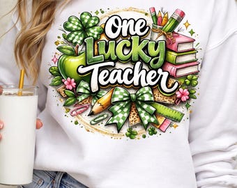 teacher st patricks day shirt, retro coquette teacher png, St Patricks day png, Four Leaf Clover png, Lucky Teacher Appreciation Gift,gif te