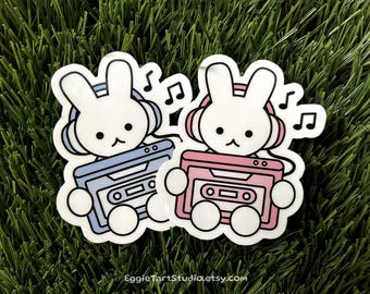 Bunny With Cassette Player Sticker - Hand-Cut Vinyl, Cute Rabbit Stickers, Headphones, Music, Miffy Inspired, Pink, Blue, Animal Art, Kawaii