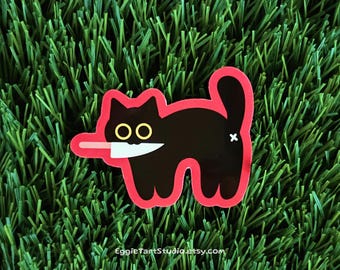 Black Cat with Knife Sticker - Cute Stabby Black Kitty Decal, Funny Murder Killer Black Kitten Stickers, Kawaii Cat Lover / Mom / Dad Gift