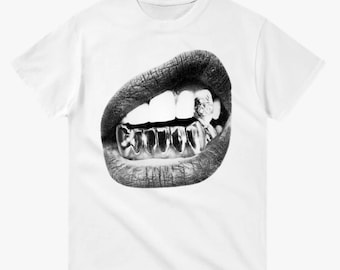 Grillz, white t-shirt, Streetwear Y2K t-shirt, Big lips t-shirt, Unisex t-shirt, 90s t-shirtGrillz Mouth Graphic Tee | Black and White
