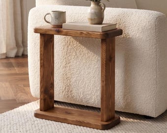 Narrow Solid Wood Side Table, Rustic Sofa End Table with Lower Shelf, Small Space Couch Table, Handmade Farmhouse Accent Table for Home