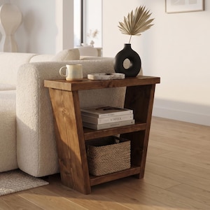 Narrow Solid Wood Side Table with Two Shelves, Rustic Sofa End Table, Small Space Living Room Accent Table, Handmade Bedside Table