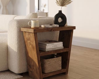 Narrow Solid Wood Side Table with Two Shelves, Rustic Sofa End Table, Small Space Living Room Accent Table, Handmade Bedside Table