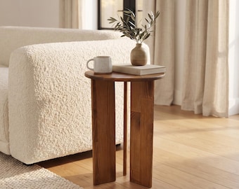 Round Solid Wood Side Table, Sculptural Three Leg End Table, Organic Modern Accent Table, Small Space Bedside Table, Handmade Furniture