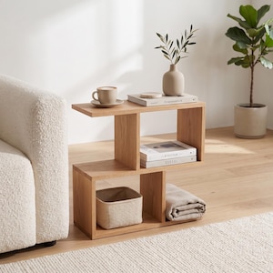 Oak Wood Side Table with Storage, Modern Geometric End Table, Narrow Sofa Table, Scandinavian Bedside Table, Handmade Living Room Furniture