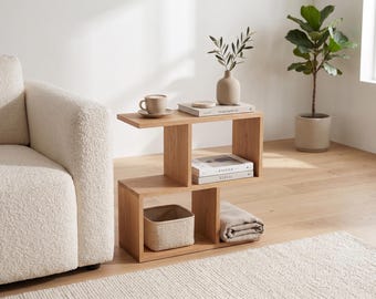 Oak Wood Side Table with Storage, Modern Geometric End Table, Narrow Sofa Table, Scandinavian Bedside Table, Handmade Living Room Furniture