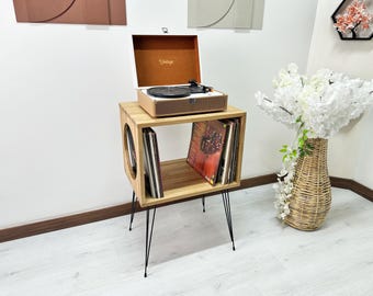 Oak Record Player Stand with Vinyl Record Storage | Solid Wood Mid Century Retro Turntable Console Cabinet | Vintage Media Furniture