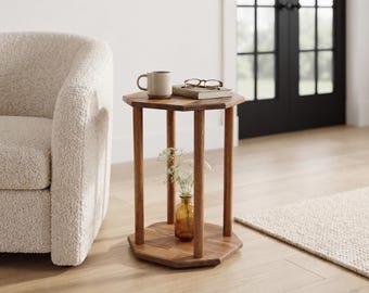 Octagonal Two Tier Side Table, Solid Wood Chairside Stand with Lower Shelf, Geometric End Table for Cozy Reading Nook, Custom Home Furniture