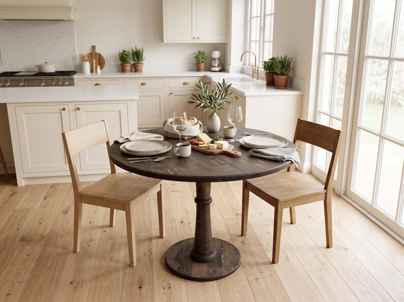 Op de afbeelding: Een ronde, donkerbruine houten eettafel met een centrale poot, gecombineerd met twee lichtgekleurde houten stoelen. De tafel is gedekt met witte keramische borden, glazen, een houten serveerplank met kaas en een vaas met groene takken.