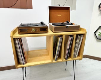 Solid Wood Mid Century Modern Record Player Stand | Retro Vinyl Storage Console Cabinet | Vintage Turntable Stereo Console Media Furniture
