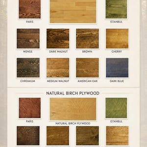 May include: A wood finish color chart displaying two sections: Natural Pine and Natural Birch Plywood. Each section features rectangular swatches labeled Paris, Istanbul, Wenge, Dark Walnut, Brown, Cherry, Chromium, Medium Walnut, American Oak, and Dark Blue.