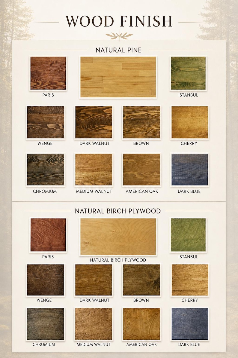 May include: A wood finish color chart displaying two sections: Natural Pine and Natural Birch Plywood. Each section features rectangular swatches labeled Paris, Istanbul, Wenge, Dark Walnut, Brown, Cherry, Chromium, Medium Walnut, American Oak, and Dark Blue.
