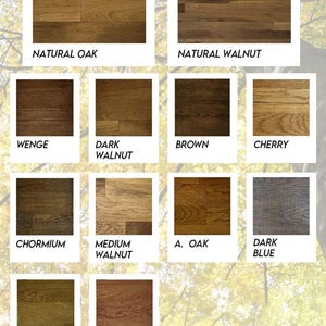 Op de afbeelding: Een raster van veertien rechthoekige houtnerfmonsters met de labels Natural Oak, Natural Walnut, Wenge, Dark Walnut, Brown, Cherry, Chormium, Medium Walnut, A. Oak, Dark Blue, Istanbul en Paris, die verschillende houttinten en texturen tonen.