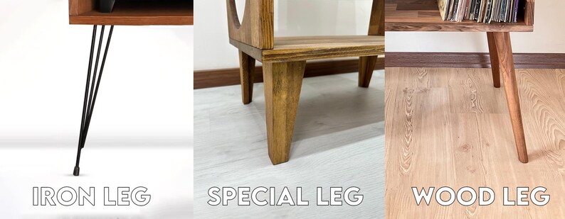 Puede incluir: Tres tipos diferentes de patas para muebles: una pata de hierro negra, una pata de madera marr&oacute;n y una pata especial de madera con una forma &uacute;nica.