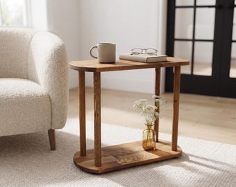 Narrow Solid Wood Side Table with Lower Shelf, Slim Sofa End Table, Modern Chairside Stand for Small Spaces, Handmade Living Room Furniture