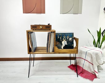 Handmade Wooden Record Player Stand, Mid Century Vinyl Storage Console, Solid Wood Turntable Cabinet, Retro LP Media Console Furniture