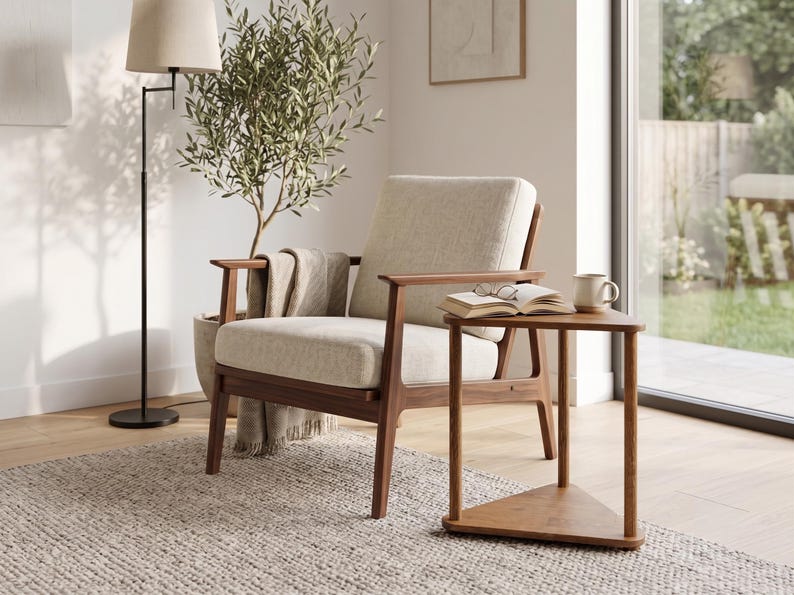 Dreieckiger Beistelltisch aus Massivholz mit Ablage, moderner Sofa-Beistelltisch, organisch geformter Akzenttisch für kleine Räume Bild 4