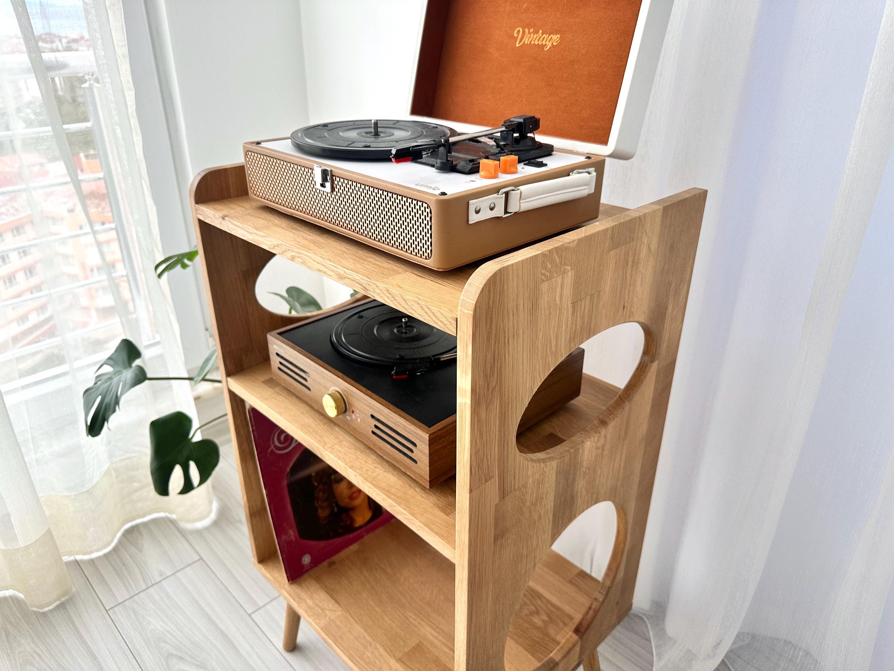 Oak Record Player Stand, Handmade Solid Wood Vinyl Record Storage ...