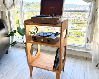 Record Player Stand – Mid Century Modern Wooden Turntable Cabinet with Vinyl Record Storage | Handmade Media Console, Pine Wood Vinyl Stand