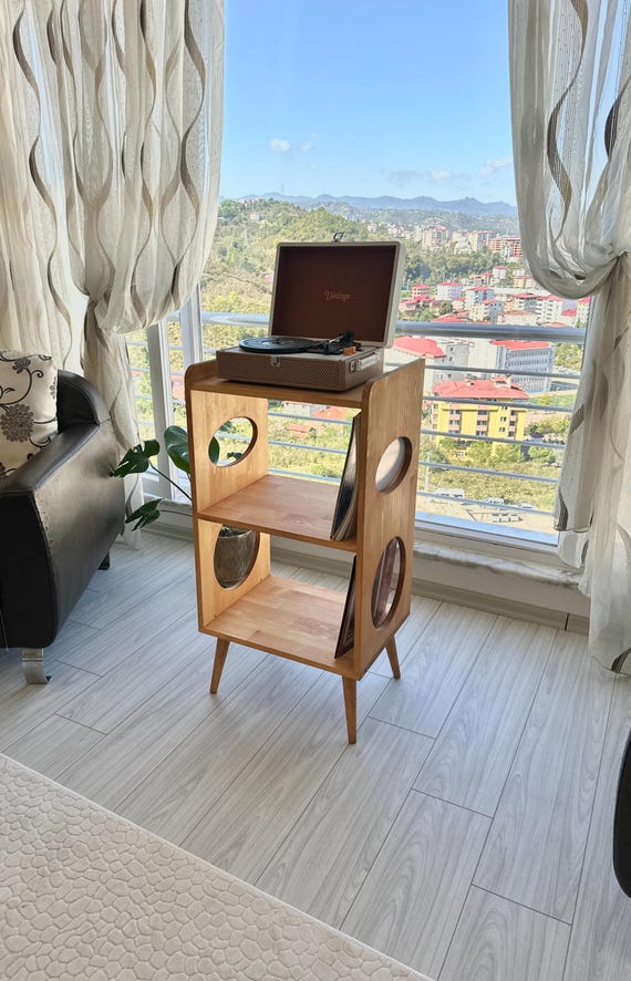 Handmade Wooden Record Player Stand – Mid Century Modern Turntable Cabinet with Vinyl Record Storage | Vinyl Record Holder, Console Table