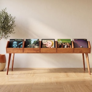 Peut inclure: Un meuble de rangement pour disques vinyles en bois avec des pieds inclinés, contenant cinq albums vinyles. Le meuble est en bois brun clair et est placé devant un mur de couleur neutre. Un olivier en pot est à gauche.
