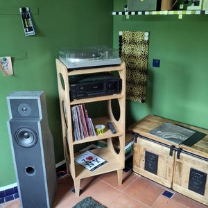 Mid Century Modern Record Player Stand with Vinyl Storage, Retro Solid Wood Turntable Console Cabinet | Vintage Vinyl Record Media Furniture