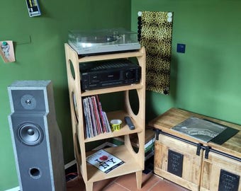 Mid Century Modern Record Player Stand with Vinyl Storage, Retro Solid Wood Turntable Console Cabinet | Vintage Vinyl Record Media Furniture