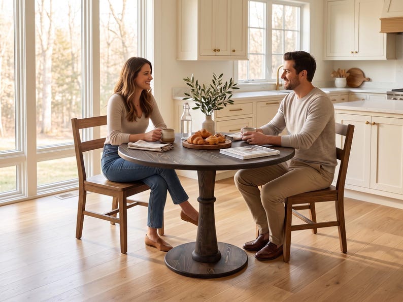 Op de afbeelding: Een ronde eettafel van donker hout met een centrale kolomvoet, vergezeld door twee houten stoelen. Het tafeloppervlak bevat een houten serveerblad met gebak, een doorzichtige glazen waterfles en een vaas met groene bladeren.