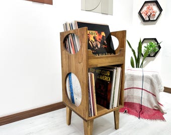 Mid Century Modern Record Player Stand with Vinyl Storage | Handmade Solid Wood Turntable Console Cabinet | Retro Vintage Vinyl Holder