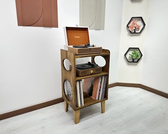 Vintage Mid Century Modern Record Player Stand | Retro Solid Wood Turntable Console Cabinet with Vinyl Record Storage | Media Furniture