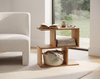 Modern Geometric Wood Side Table with Open Shelves for Small Spaces, Handmade Sofa End Table, Minimalist Bedside Storage