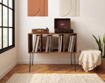 Solid Wood Record Player Stand with Vinyl Storage, Mid Century Turntable Console, Hairpin Leg LP Record Cabinet, Custom Audio Furniture