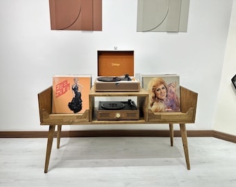 Mobile porta giradischi in legno massello stile metà secolo con vano porta vinili / Mobile consolle per giradischi retrò / Mobile vintage per riporre i dischi in vinile