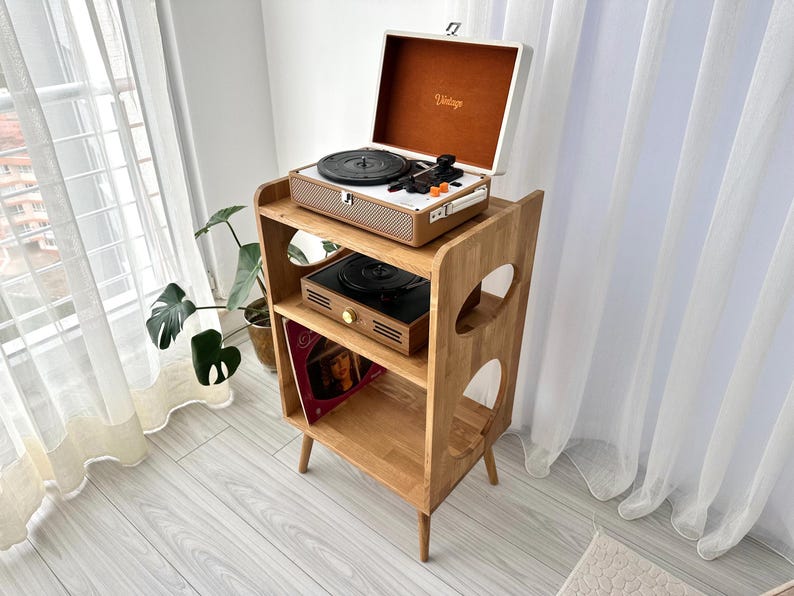 Oak Record Player Stand, Handmade Solid Wood Vinyl Record Storage ...