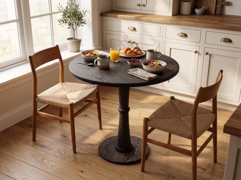Op de afbeelding: Een ronde tafel van donker hout met een centrale poot en twee stoelen van licht hout met gevlochten zittingen. De tafel is gedekt met twee keramische mokken, twee kommen met fruit, een glas sinaasappelsap, een bord met croissants en een servet.