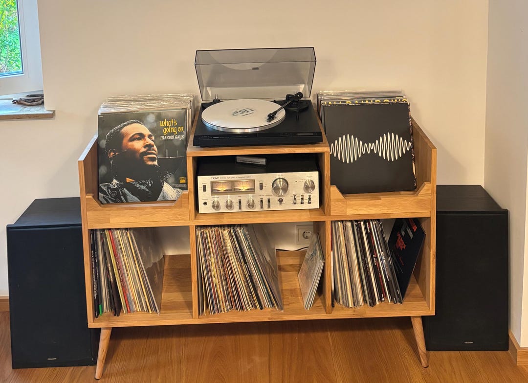 Oak Mid Century Solid Wood Record Player Stand – Vinyl Storage Console ...