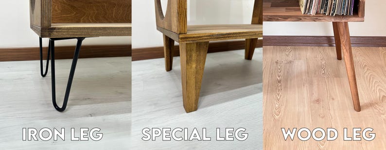 May include: Three different types of legs for a wooden shelf unit. The first leg is made of black metal and is shaped like a hairpin. The second leg is made of wood and is shaped like a tapered rectangle. The third leg is made of wood and is shaped like a tapered cylinder.