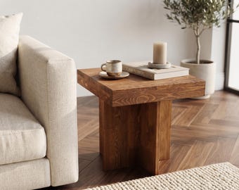 Solid Wood Side Table, Square End Table with Cross Base, Modern Rustic Accent Table