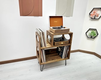 Handcrafted Mid Century Record Player Stand with Vinyl Storage | Retro Solid Wood Turntable Console Cabinet | Vintage Record Furniture