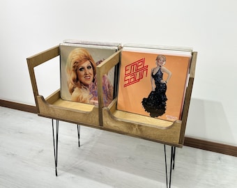 Soporte para tocadiscos de mediados de siglo hecho a mano con almacenamiento para discos de vinilo, mueble consola retro de madera maciza para tocadiscos, mueble para consola multimedia