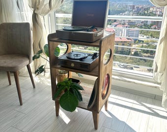 Record Player Stand – Mid Century Modern Turntable Console Cabinet with Vinyl Record Storage | Wooden Media Console Furniture, MCM Console