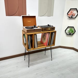 Mid Century Modern Record Player Stand Vinyl Storage | Retro Solid Wood Turntable Console Cabinet | Best Vintage Vinyl Record Furniture