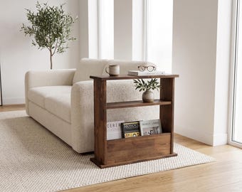 Solid Wood Side Table with Magazine Rack, Narrow Sofa End Table with Shelf, Modern Living Room Storage Table