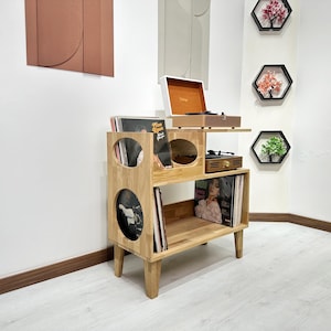 Mid Century Modern Record Player Stand with Vinyl Record Storage, Retro Solid Wood Turntable Console Cabinet, Handmade Audiophile Furniture