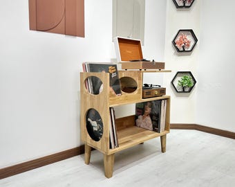 Mid Century Modern Record Player Stand with Vinyl Record Storage, Retro Solid Wood Turntable Console Cabinet, Handmade Audiophile Furniture
