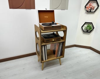 Mid Century Modern Record Player Stand with Vinyl Storage, Retro Solid Wood Turntable Console Cabinet,Vintage Vinyl Record Storage Furniture