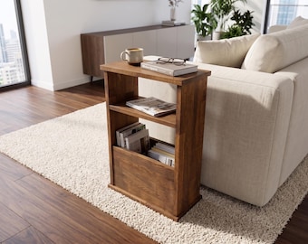 Beistelltisch aus Massivholz mit Zeitschriftenhalter, moderner Sofa-Beistelltisch, schmaler Ablagetisch für das Wohnzimmer, Bücherablagetisch