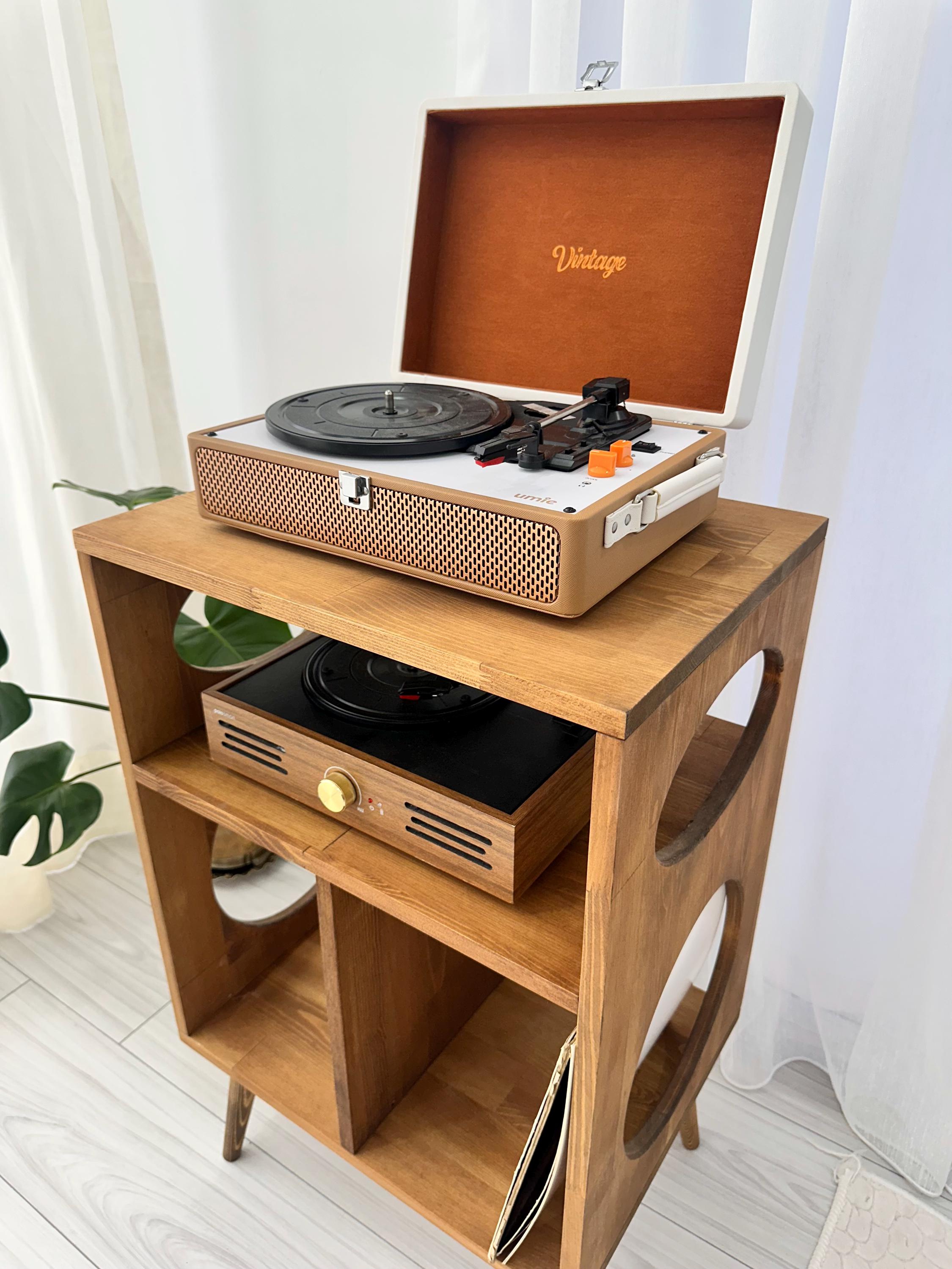 Handmade Solid Wood Record Player Stand With Vinyl Storage – Mid ...