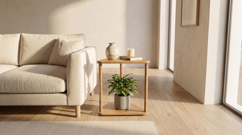 Dreieckiger Beistelltisch aus Massivholz mit Ablage, moderner Sofa-Beistelltisch, organisch geformter Akzenttisch für kleine Räume Bild 8