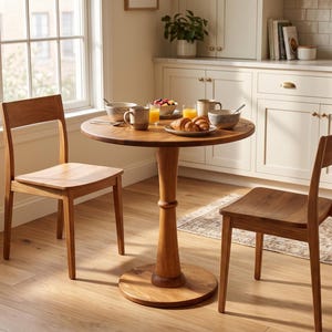 Peut inclure: Une table à manger ronde en bois avec un pied central et deux chaises en bois assorties. Le plateau de la table contient deux tasses en céramique, deux bols, une petite assiette avec deux croissants et deux verres de jus d'orange.